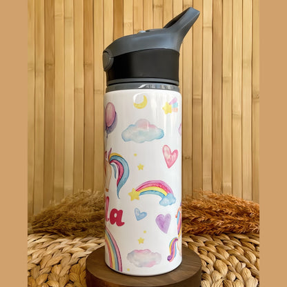 Unicorn Balonlu Gökkuşağı Temalı İsme Özel Alüminyum Pipetli Suluk Matara 650 ml