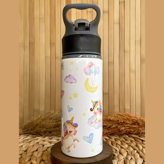 Unicorn Balonlu Gökkuşağı Temalı İsme Özel Alüminyum Pipetli Suluk Matara 650 ml