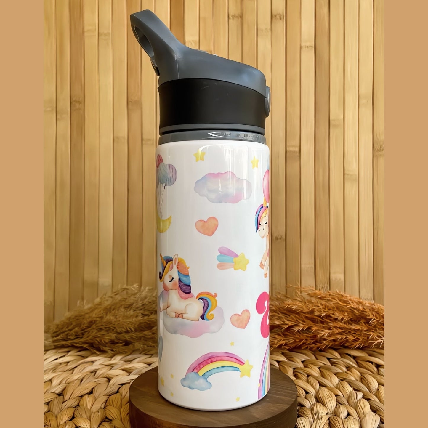 Unicorn Balonlu Gökkuşağı Temalı İsme Özel Alüminyum Pipetli Suluk Matara 650 ml