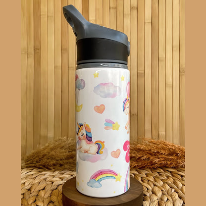 Unicorn Balonlu Gökkuşağı Temalı İsme Özel Alüminyum Pipetli Suluk Matara 650 ml