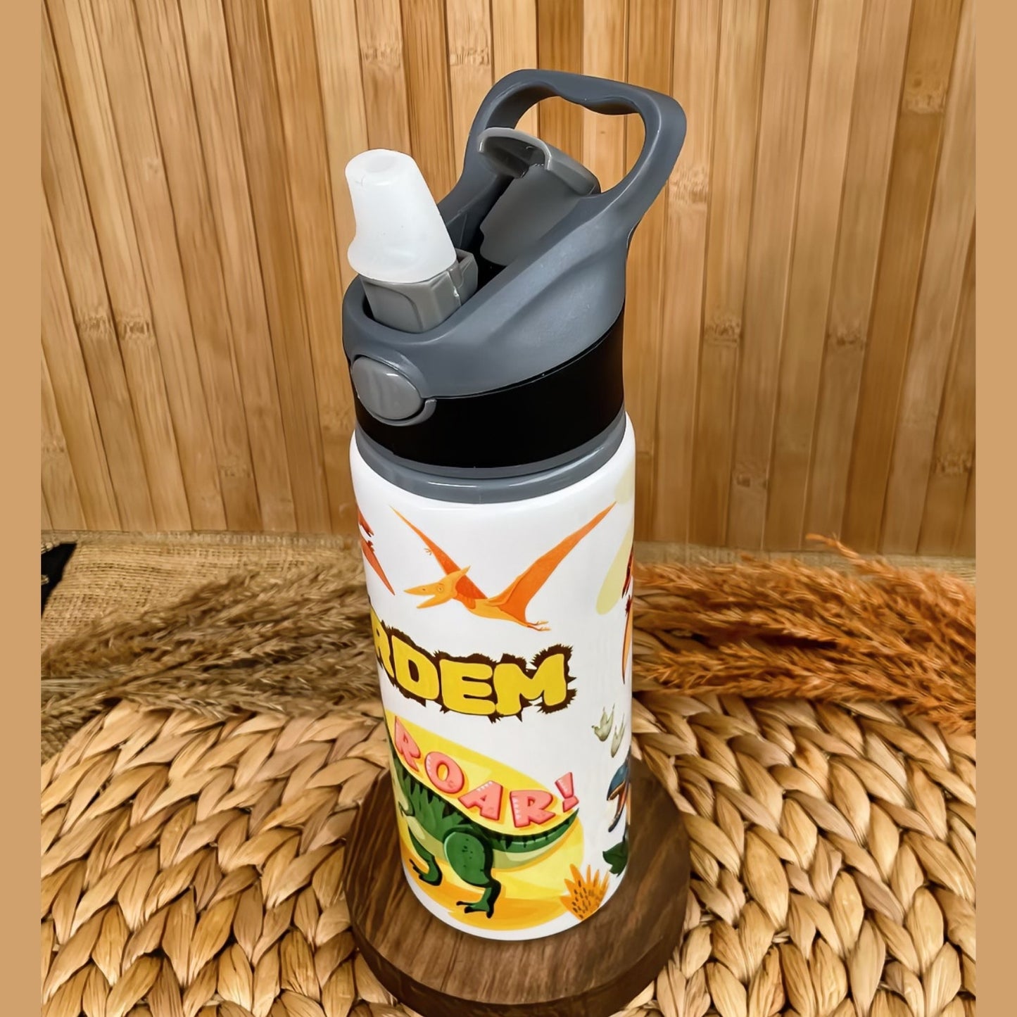 Dinozor Temalı İsme Özel Alüminyum Pipetli Suluk Matara 650 ml