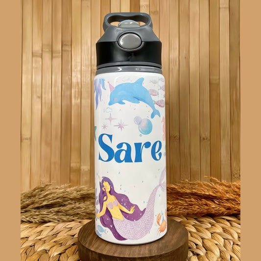 Deniz Kızı Temalı İsme Özel Alüminyum Pipetli Suluk Matara 650 ml