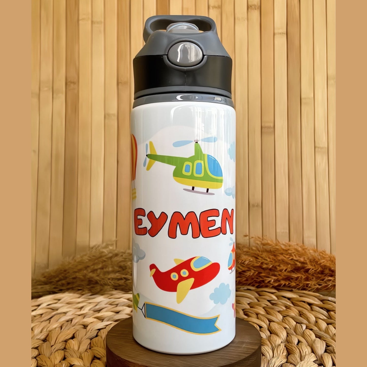 Hava Araçları Uçak Helikopter Temalı İsme Özel Alüminyum Pipetli Suluk Matara 650 ml