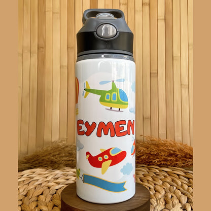 Hava Araçları Uçak Helikopter Temalı İsme Özel Alüminyum Pipetli Suluk Matara 650 ml