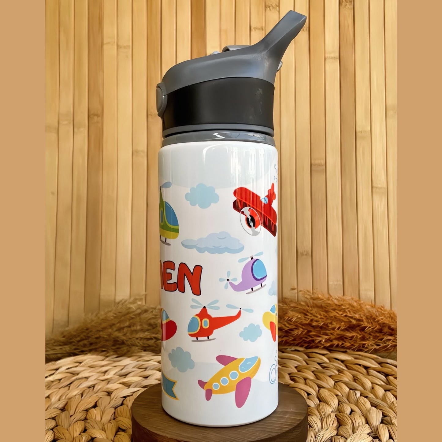 Hava Araçları Uçak Helikopter Temalı İsme Özel Alüminyum Pipetli Suluk Matara 650 ml