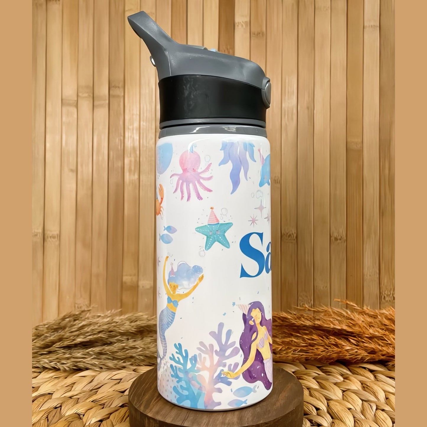 Deniz Kızı Temalı İsme Özel Alüminyum Pipetli Suluk Matara 650 ml