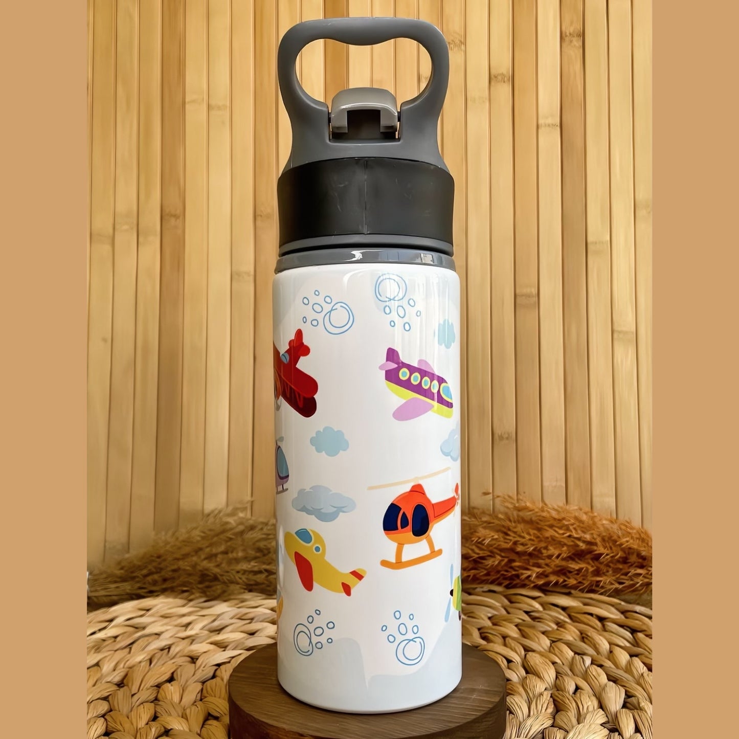 Hava Araçları Uçak Helikopter Temalı İsme Özel Alüminyum Pipetli Suluk Matara 650 ml