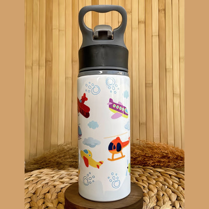 Hava Araçları Uçak Helikopter Temalı İsme Özel Alüminyum Pipetli Suluk Matara 650 ml