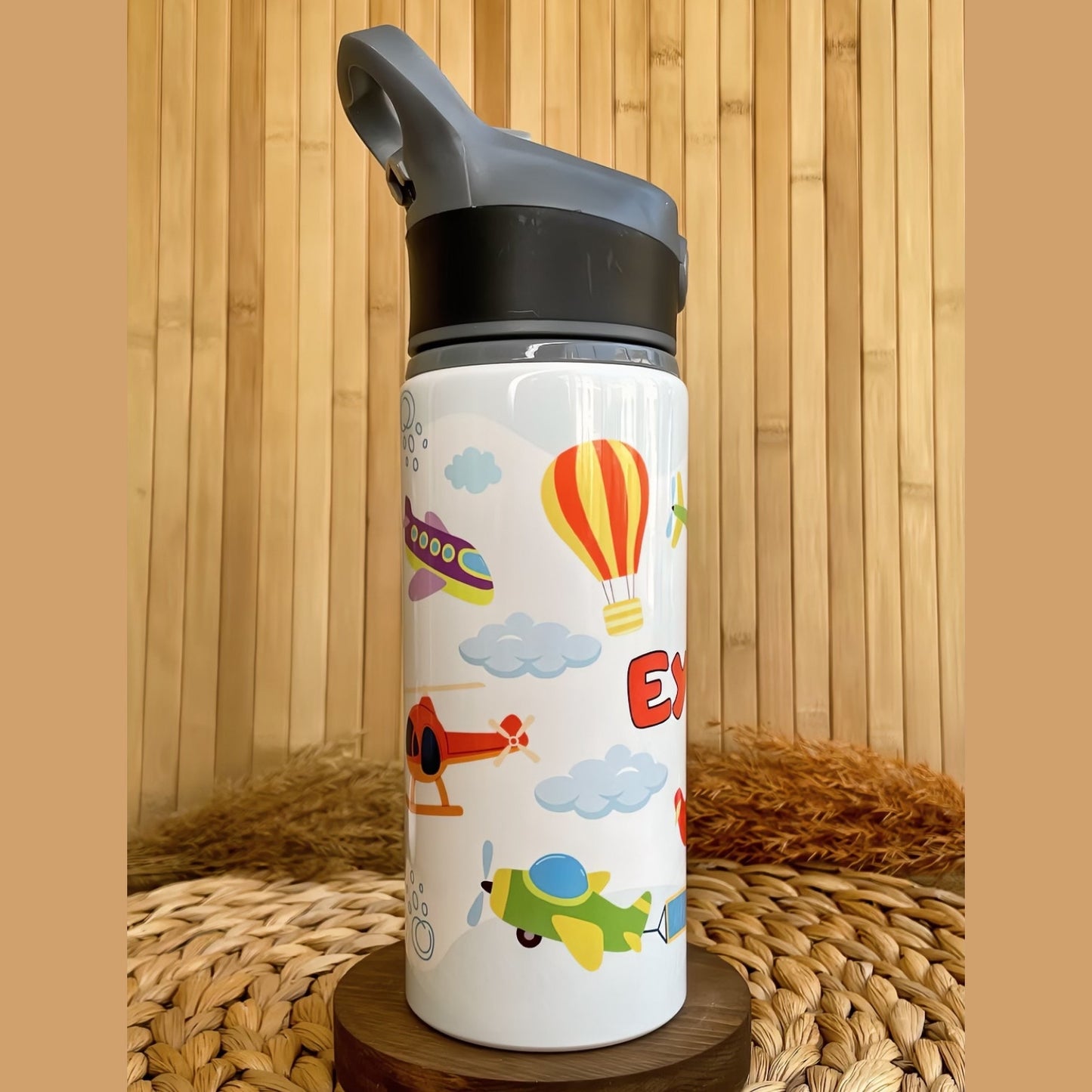 Hava Araçları Uçak Helikopter Temalı İsme Özel Alüminyum Pipetli Suluk Matara 650 ml