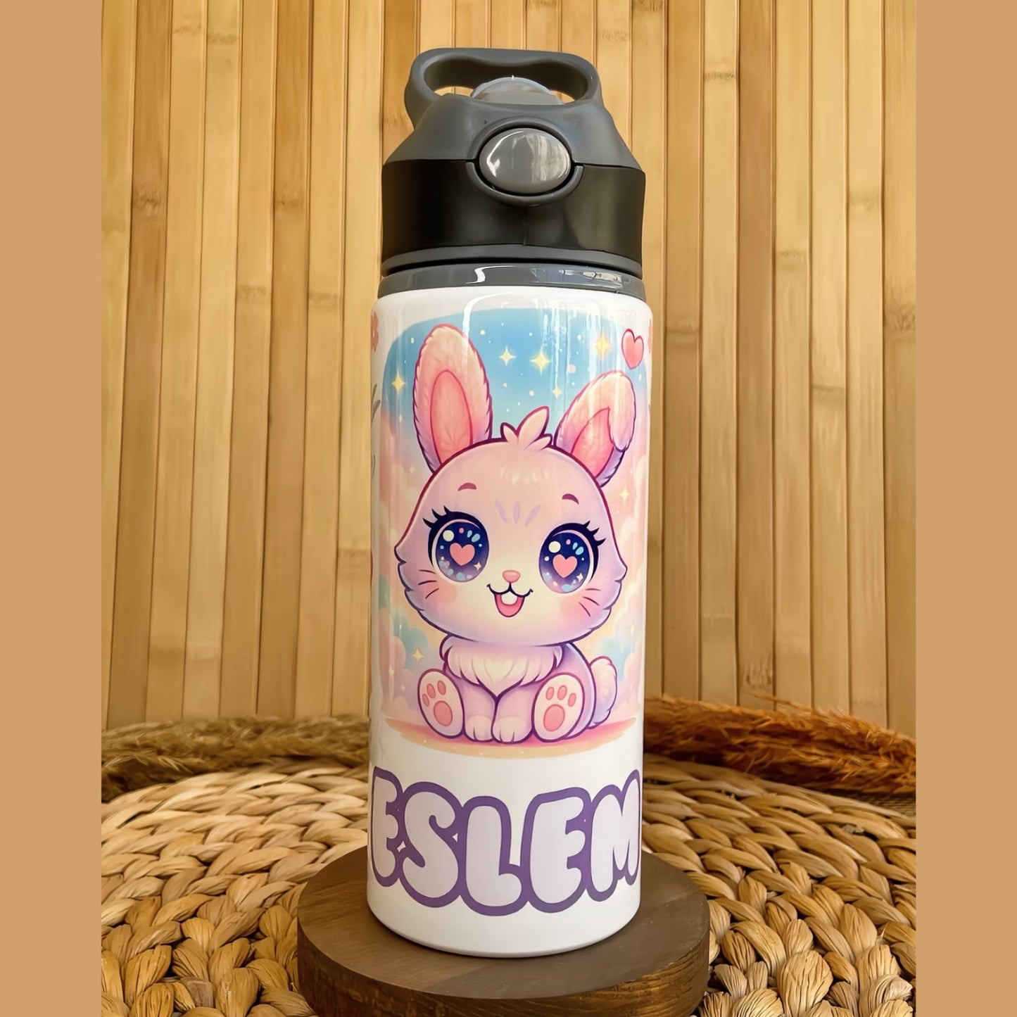 Minik Sevimli Tavşan Temalı İsme Özel Alüminyum Pipetli Suluk Matara 650 ml