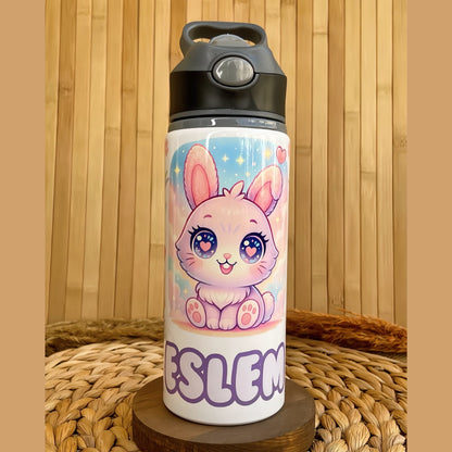 Minik Sevimli Tavşan Temalı İsme Özel Alüminyum Pipetli Suluk Matara 650 ml