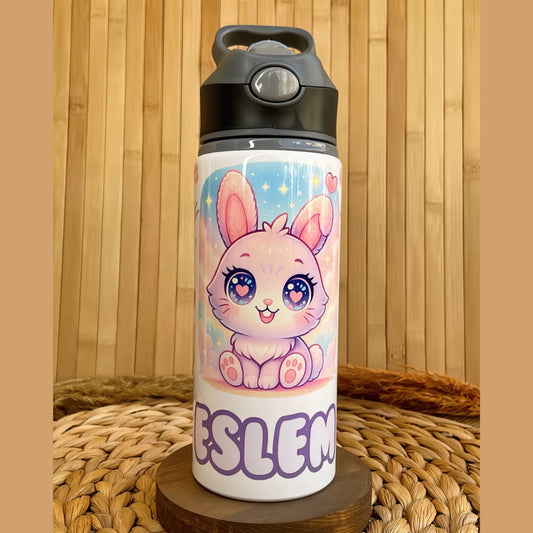 Minik Sevimli Tavşan Temalı İsme Özel Alüminyum Pipetli Suluk Matara 650 ml