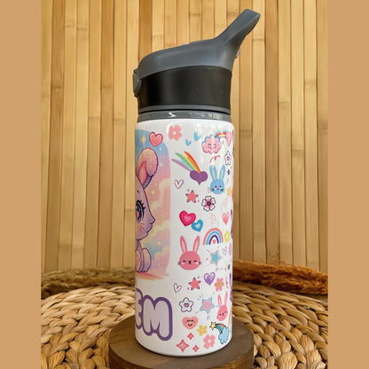 Minik Sevimli Tavşan Temalı İsme Özel Alüminyum Pipetli Suluk Matara 650 ml