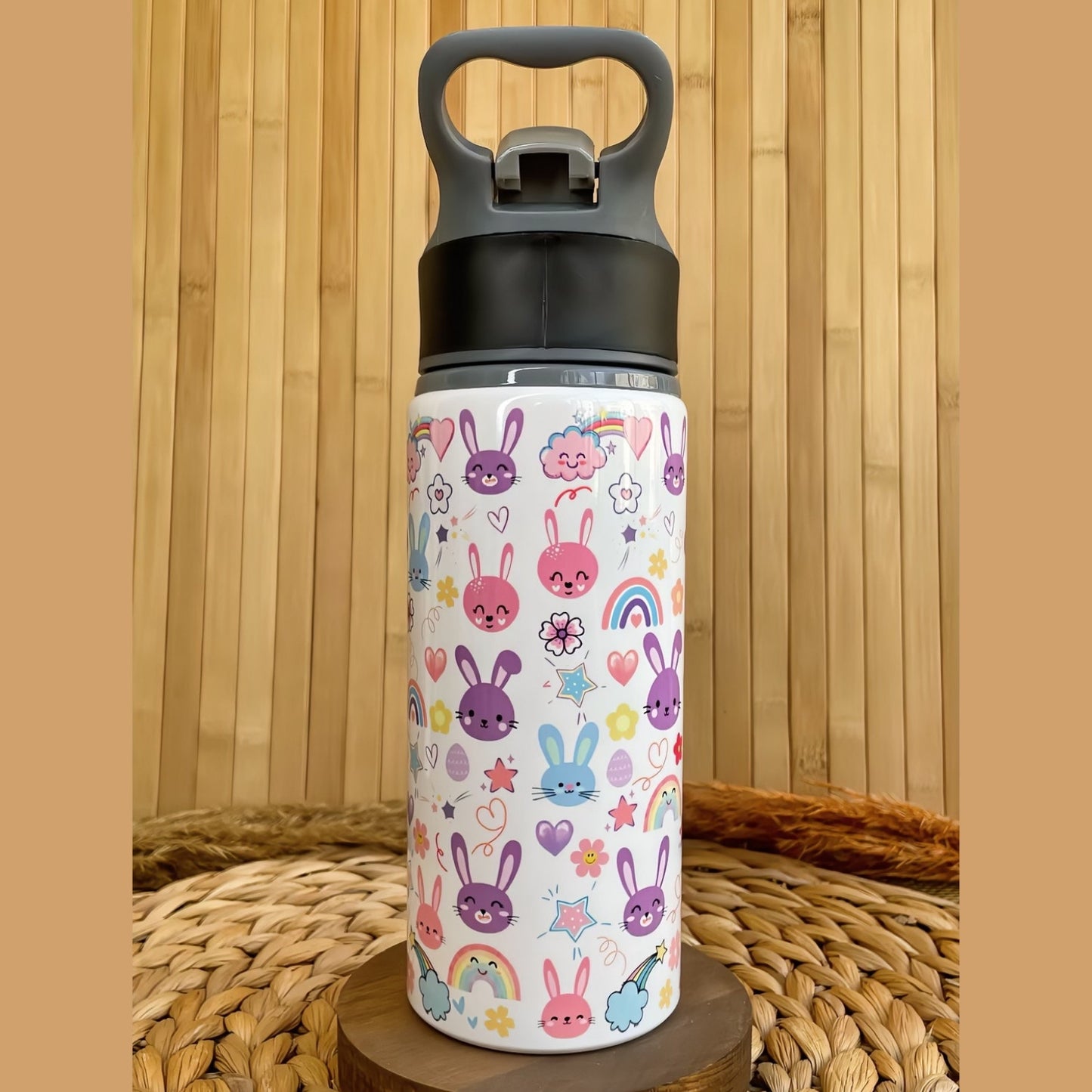 Minik Sevimli Tavşan Temalı İsme Özel Alüminyum Pipetli Suluk Matara 650 ml