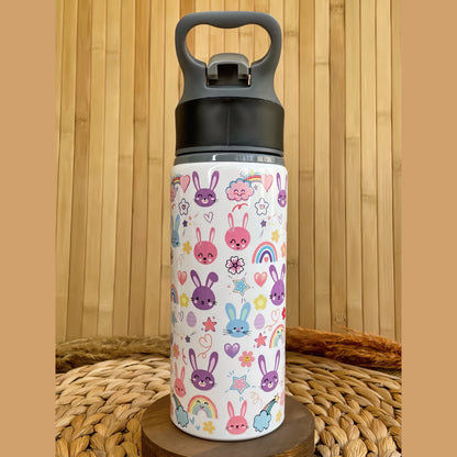 Minik Sevimli Tavşan Temalı İsme Özel Alüminyum Pipetli Suluk Matara 650 ml