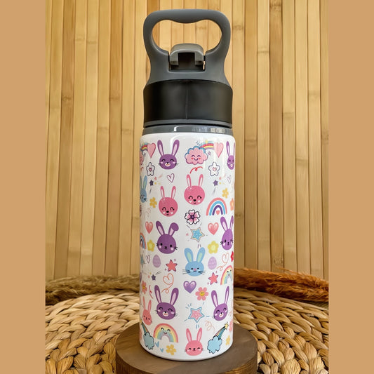 Minik Sevimli Tavşan Temalı İsme Özel Alüminyum Pipetli Suluk Matara 650 ml