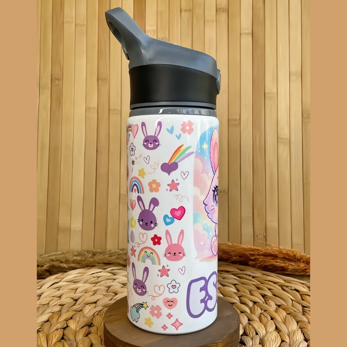 Minik Sevimli Tavşan Temalı İsme Özel Alüminyum Pipetli Suluk Matara 650 ml