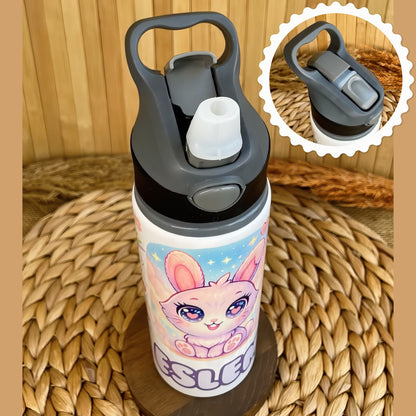 Minik Sevimli Tavşan Temalı İsme Özel Alüminyum Pipetli Suluk Matara 650 ml