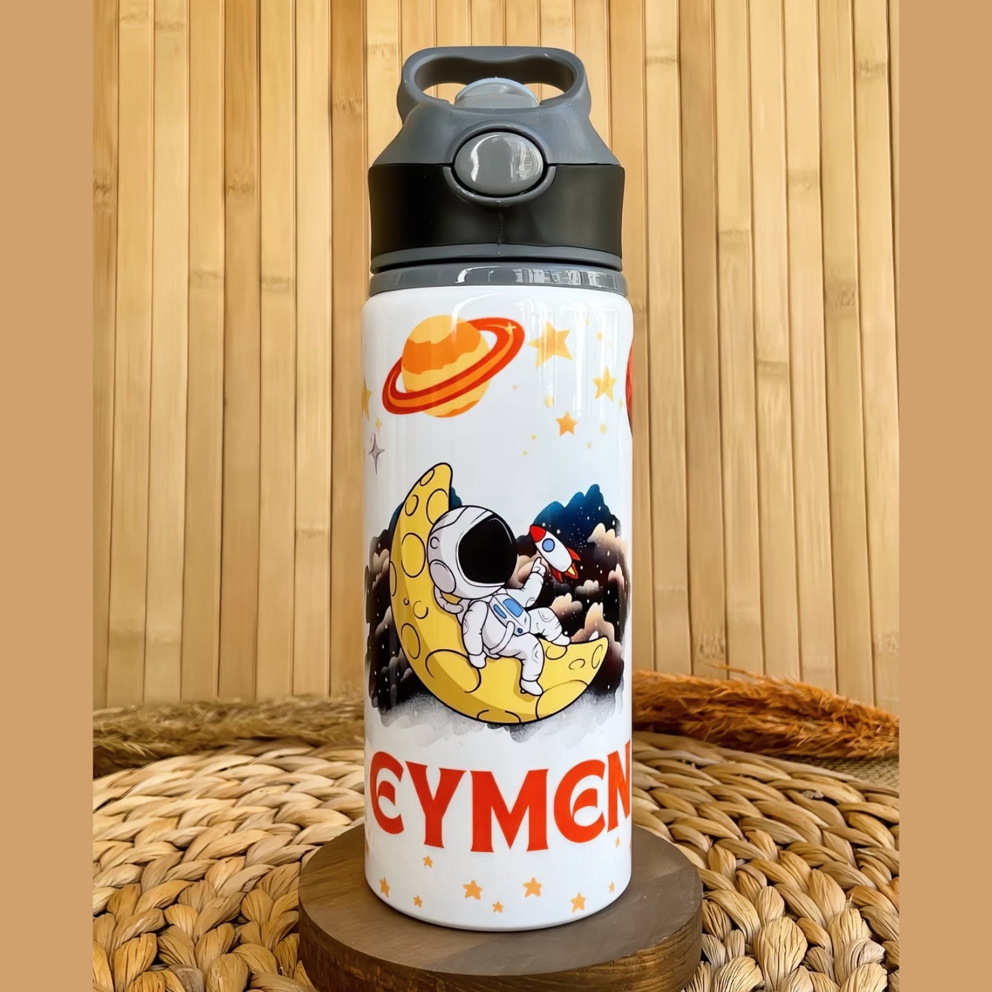 Astronot Uzay Temalı İsme Özel Alüminyum Pipetli Suluk Matara 650 ml