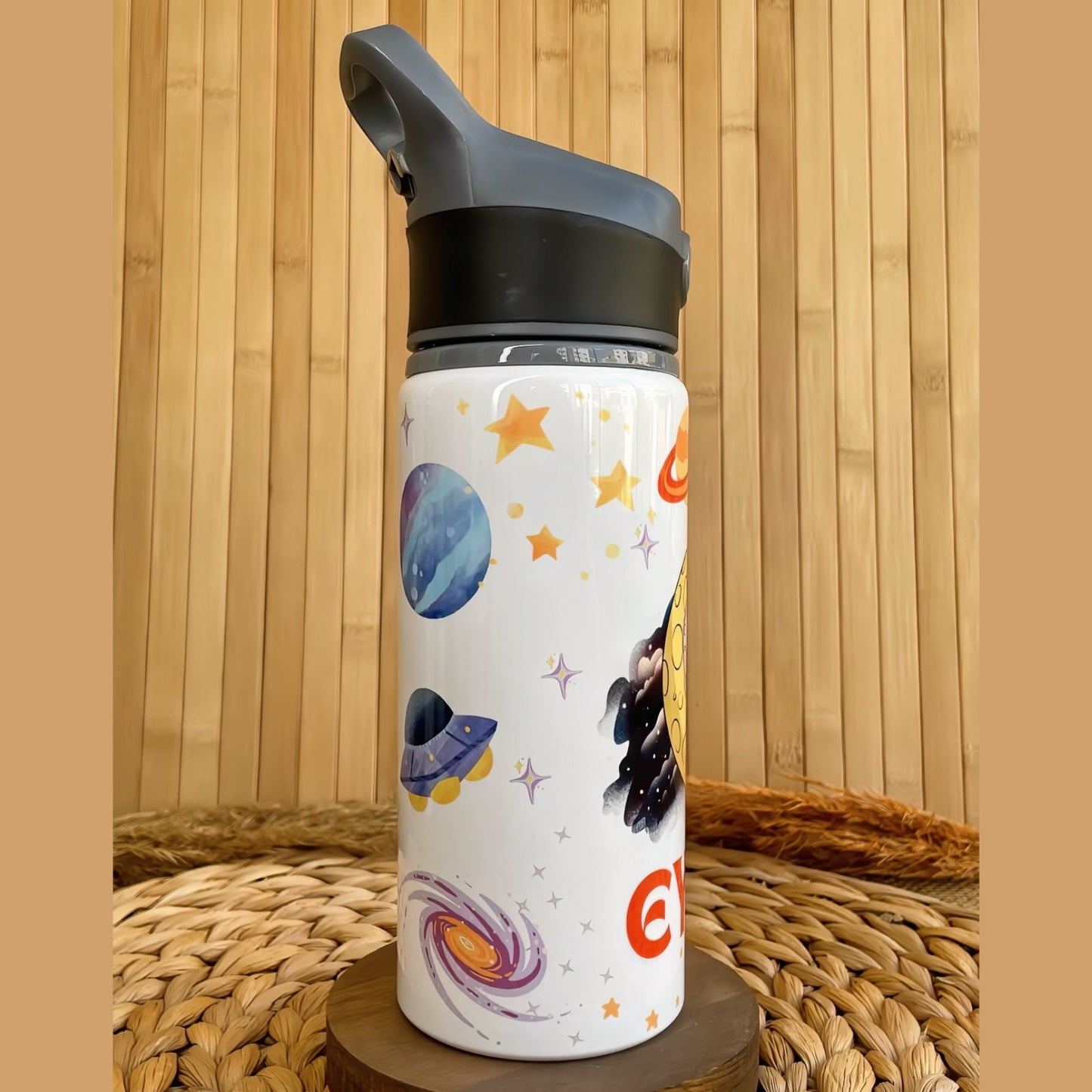 Astronot Uzay Temalı İsme Özel Alüminyum Pipetli Suluk Matara 650 ml