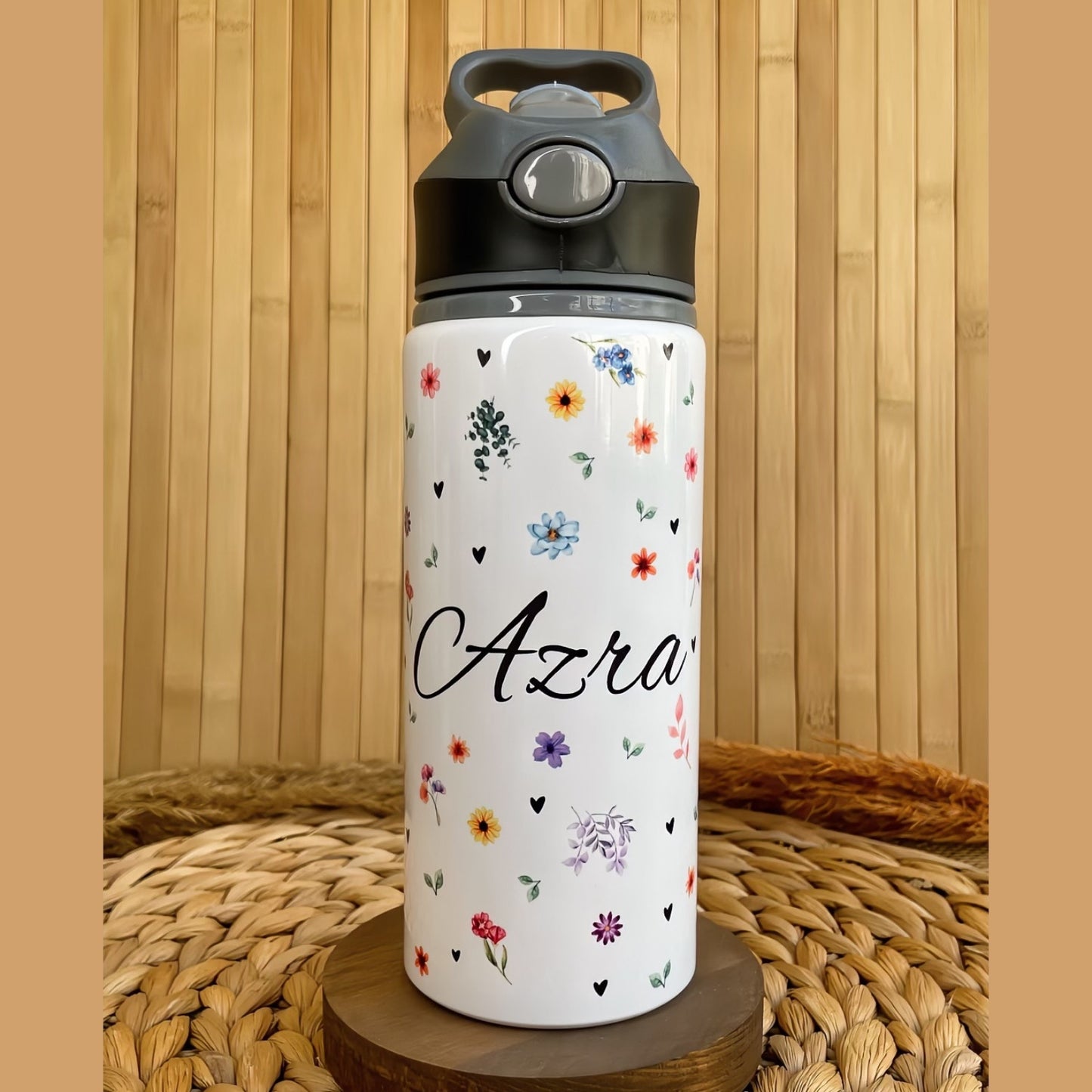 Çiçek Temalı İsme Özel Alüminyum Pipetli Suluk Matara 650 ml