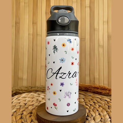 Çiçek Temalı İsme Özel Alüminyum Pipetli Suluk Matara 650 ml