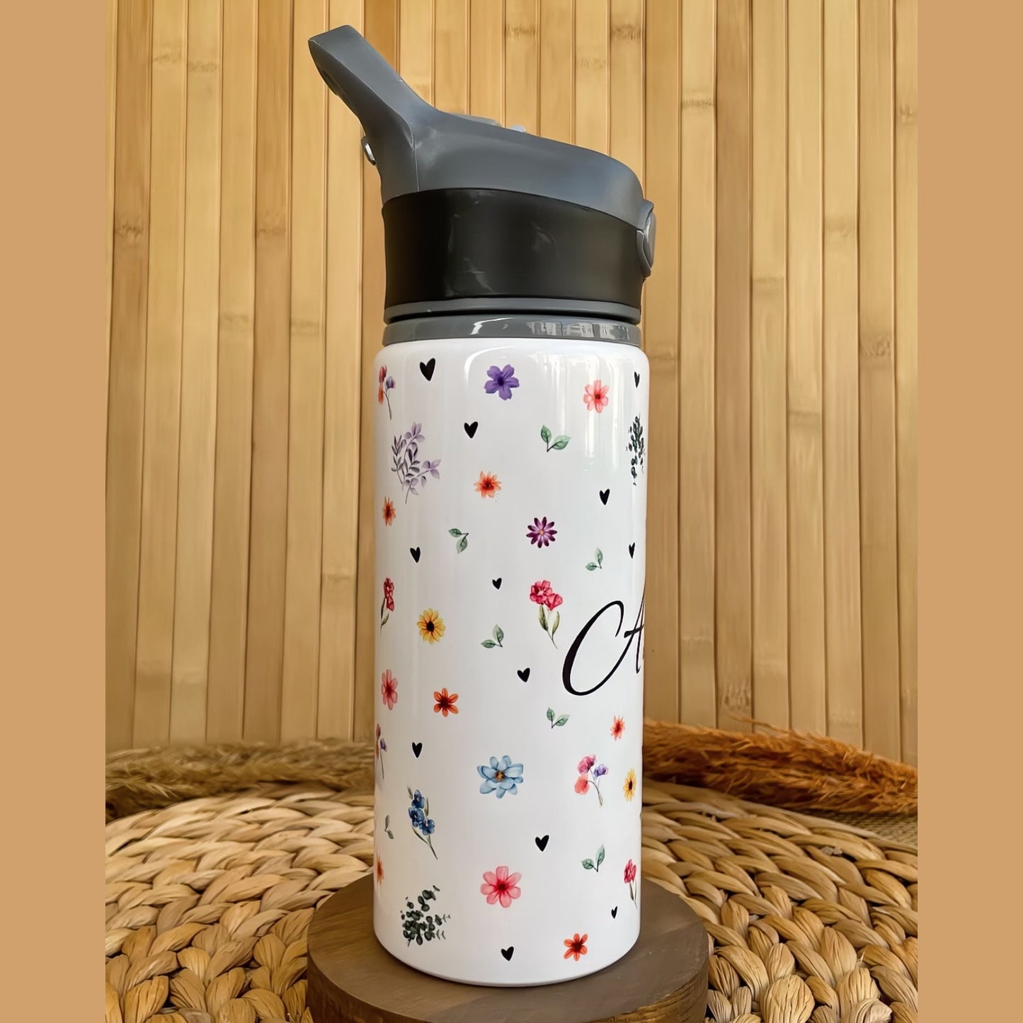 Çiçek Temalı İsme Özel Alüminyum Pipetli Suluk Matara 650 ml