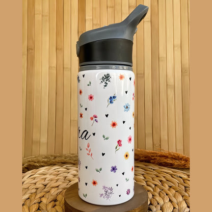 Çiçek Temalı İsme Özel Alüminyum Pipetli Suluk Matara 650 ml