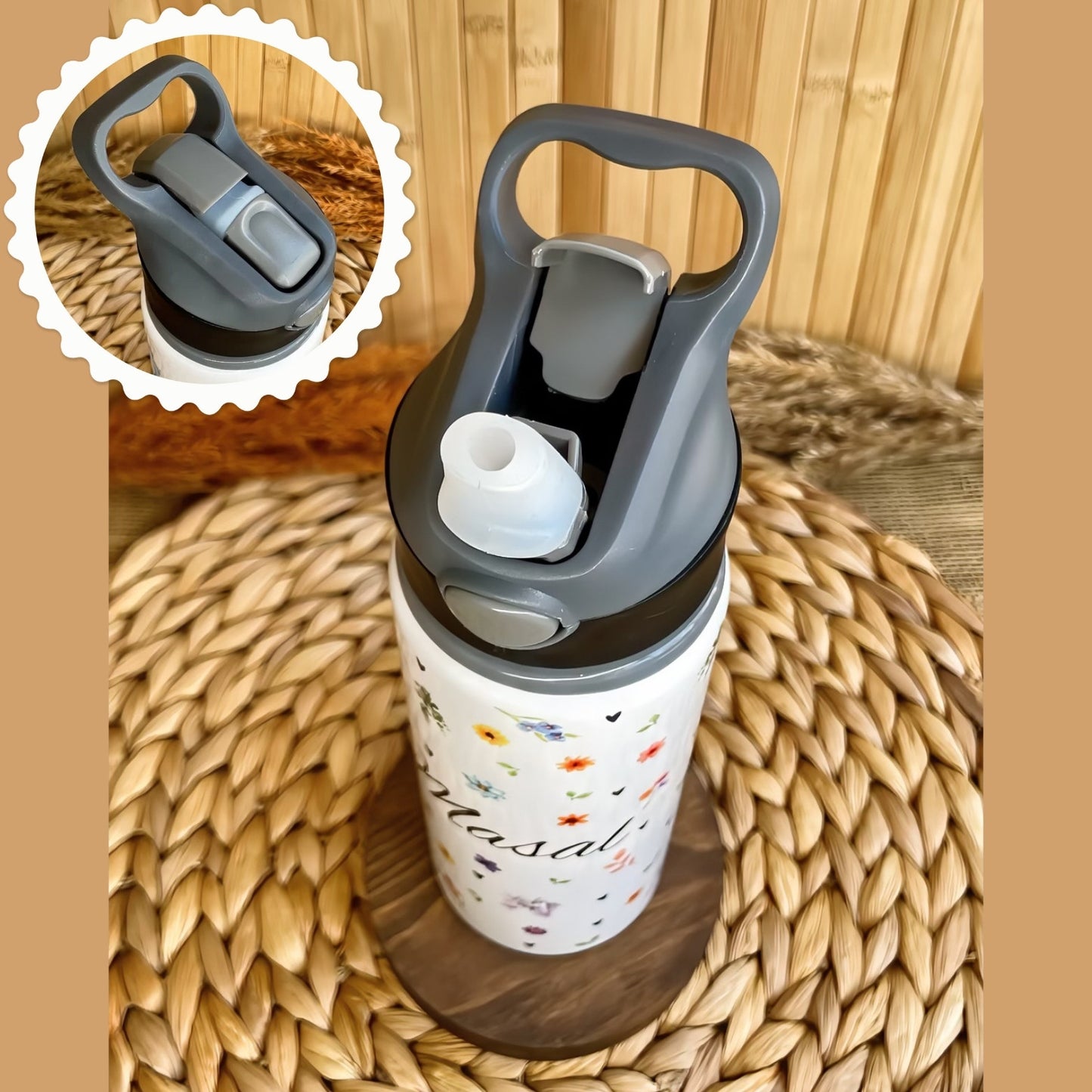 Çiçek Temalı İsme Özel Alüminyum Pipetli Suluk Matara 650 ml