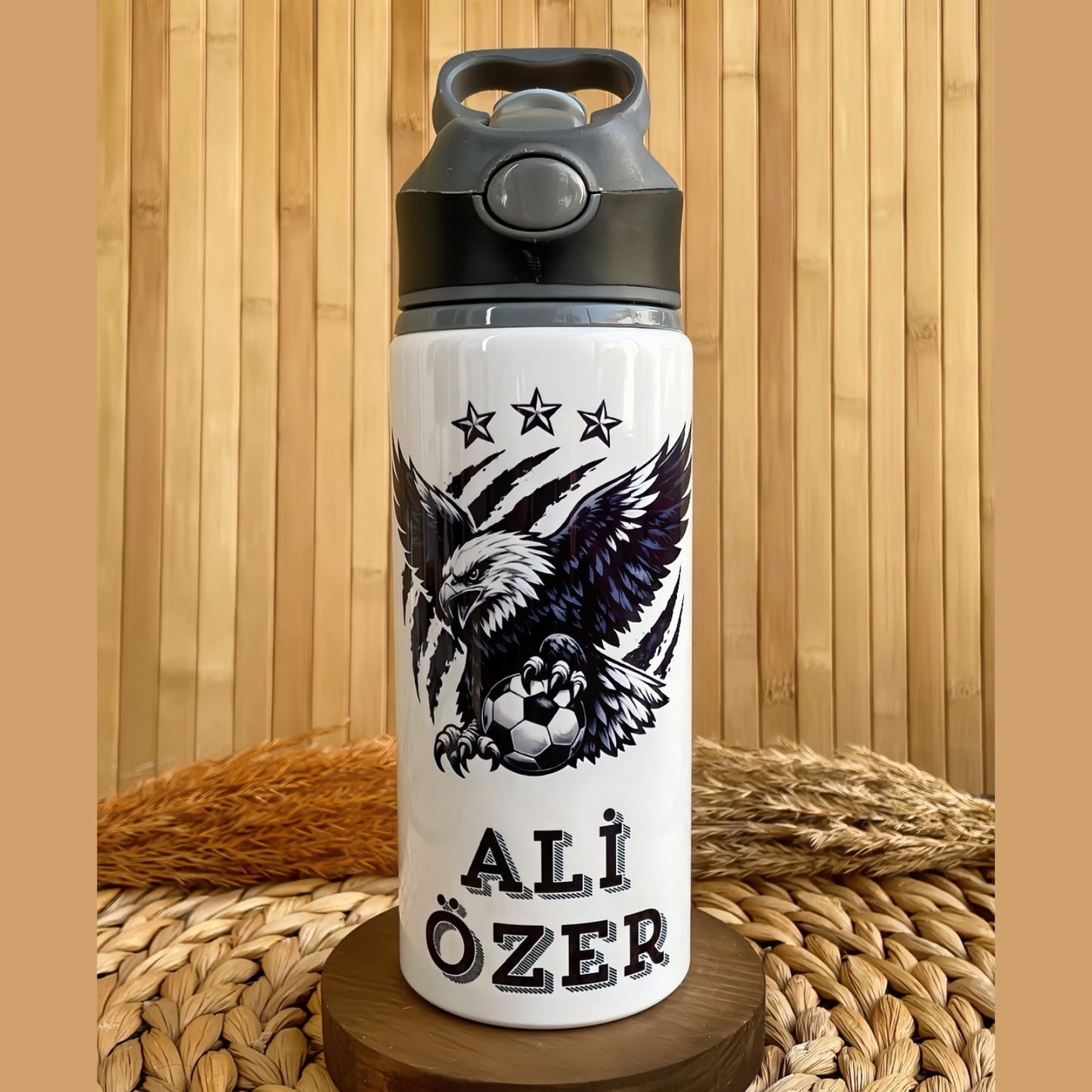 Siyah Beyaz Taraftar Temalı İsme Özel Alüminyum Pipetli Suluk Matara 650 ml