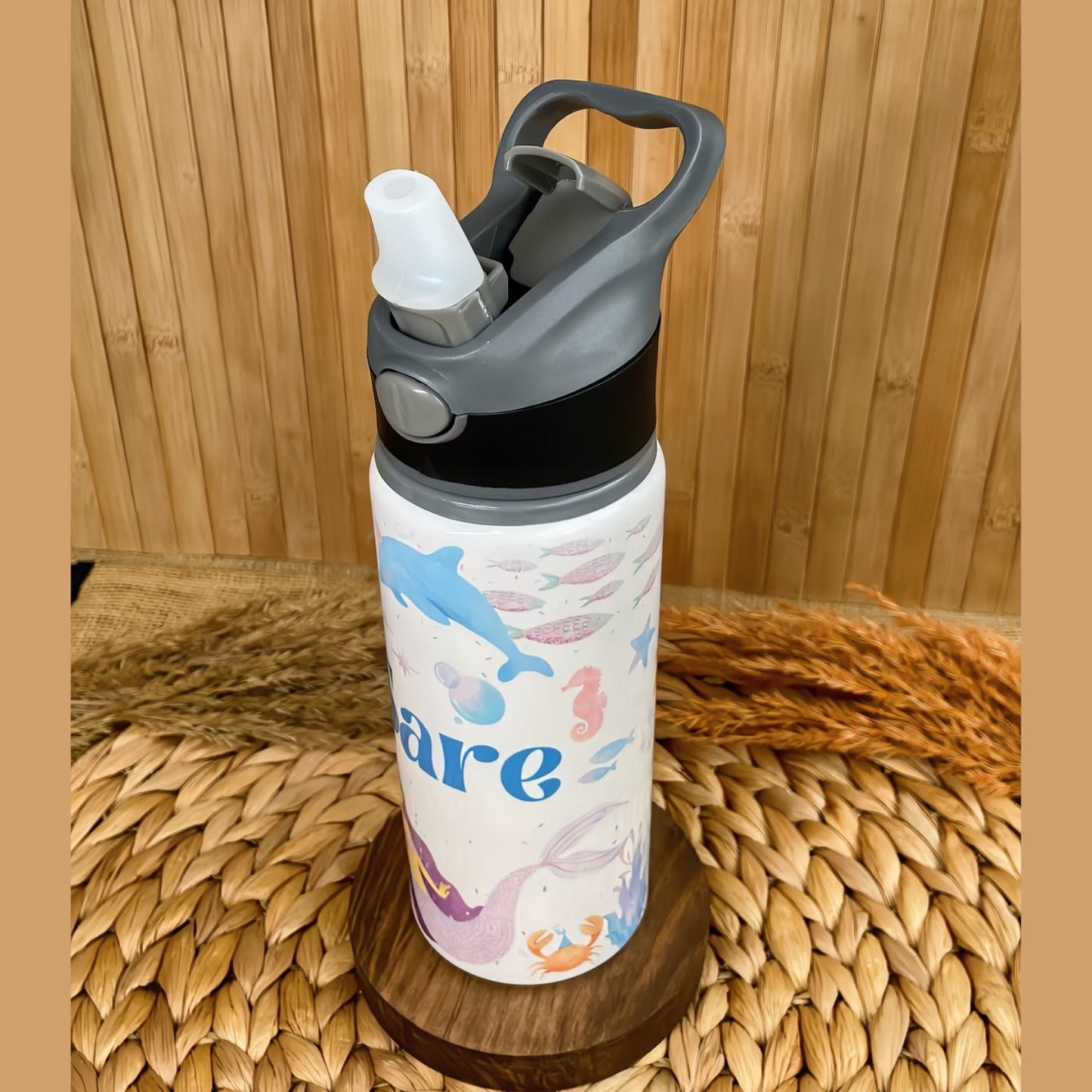 Deniz Kızı Temalı İsme Özel Alüminyum Pipetli Suluk Matara 650 ml