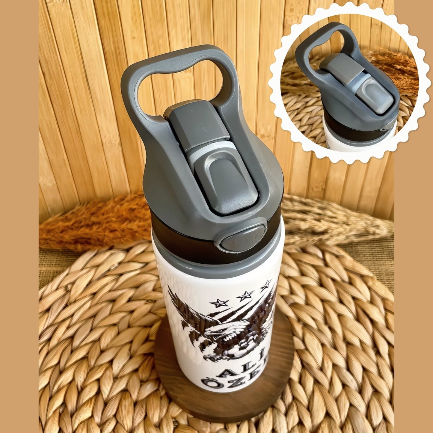 Siyah Beyaz Taraftar Temalı İsme Özel Alüminyum Pipetli Suluk Matara 650 ml