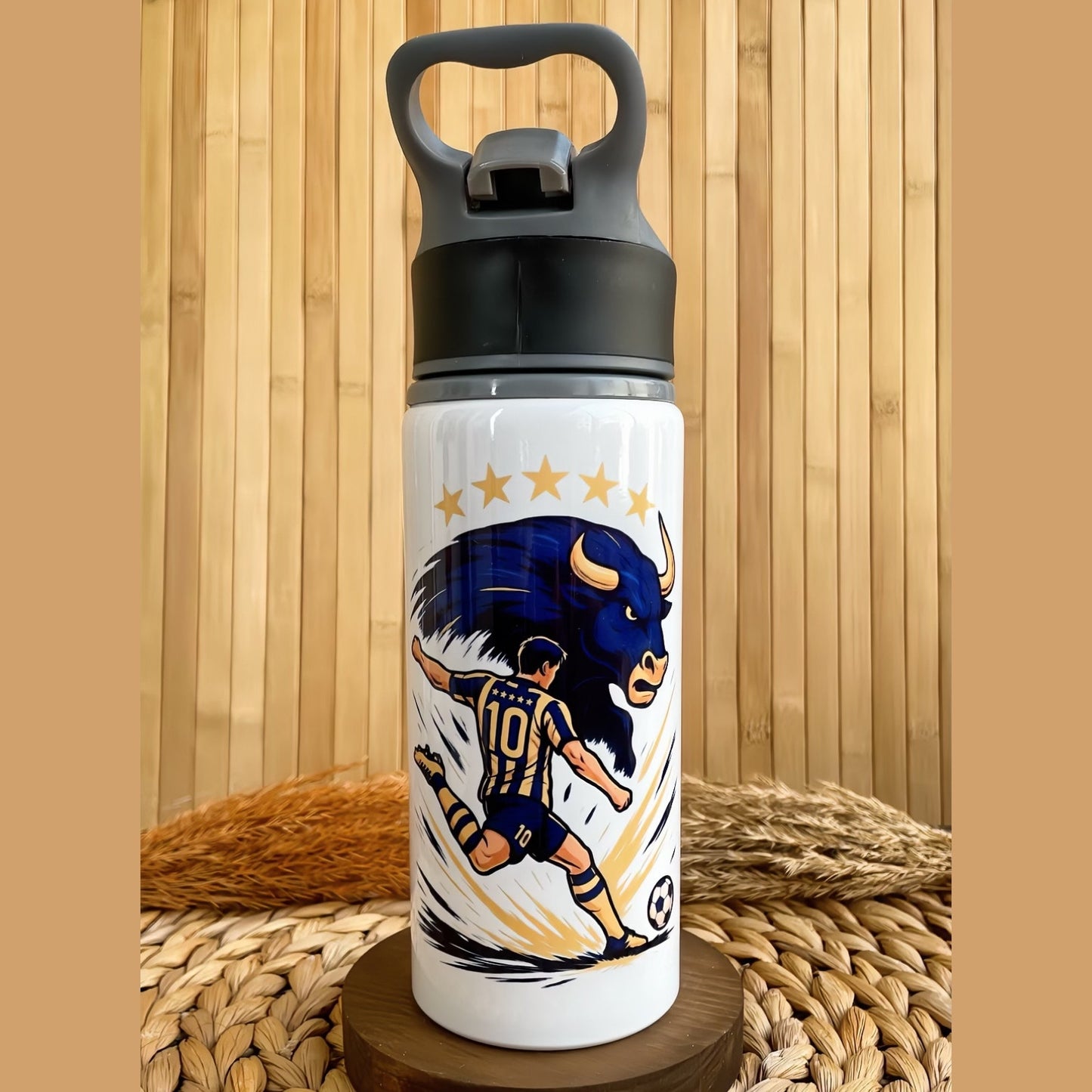 Sarı Lacivert Taraftar Temalı İsme Özel Alüminyum Pipetli Suluk Matara 650 ml