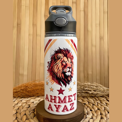 Sarı Kırmızı Taraftar Temalı İsme Özel Alüminyum Pipetli Suluk Matara 650 ml