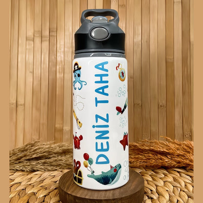 Korsan Deniz Temalı İsme Özel Alüminyum Pipetli Suluk Matara 650 ml