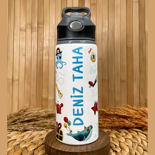 Korsan Deniz Temalı İsme Özel Alüminyum Pipetli Suluk Matara 650 ml