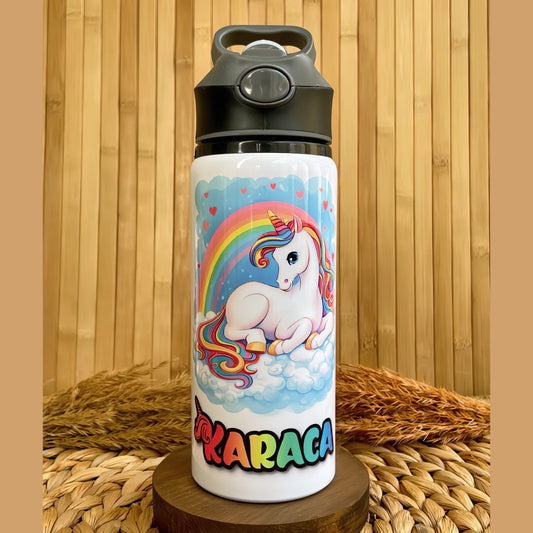 Unicorn Gökkuşağı Temalı İsme Özel Alüminyum Pipetli Suluk Matara 650 ml