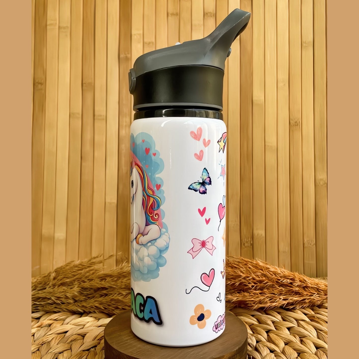 Unicorn Gökkuşağı Temalı İsme Özel Alüminyum Pipetli Suluk Matara 650 ml