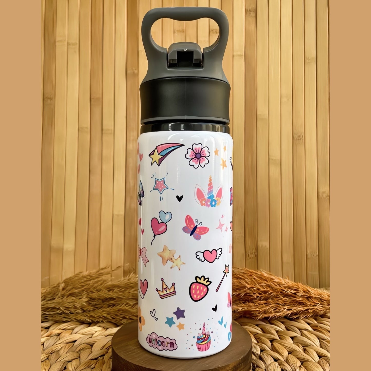 Unicorn Gökkuşağı Temalı İsme Özel Alüminyum Pipetli Suluk Matara 650 ml