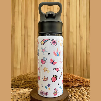 Unicorn Gökkuşağı Temalı İsme Özel Alüminyum Pipetli Suluk Matara 650 ml