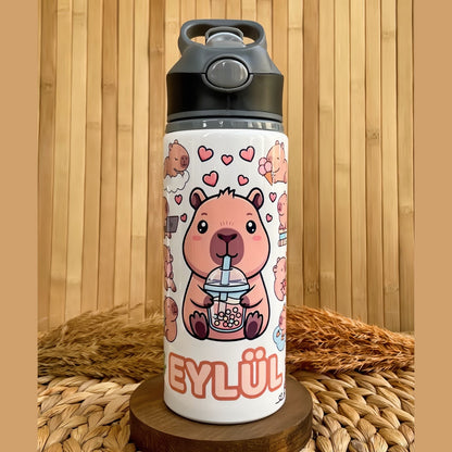 Kapibara Temalı İsme Özel Alüminyum Pipetli Suluk Matara 650 ml