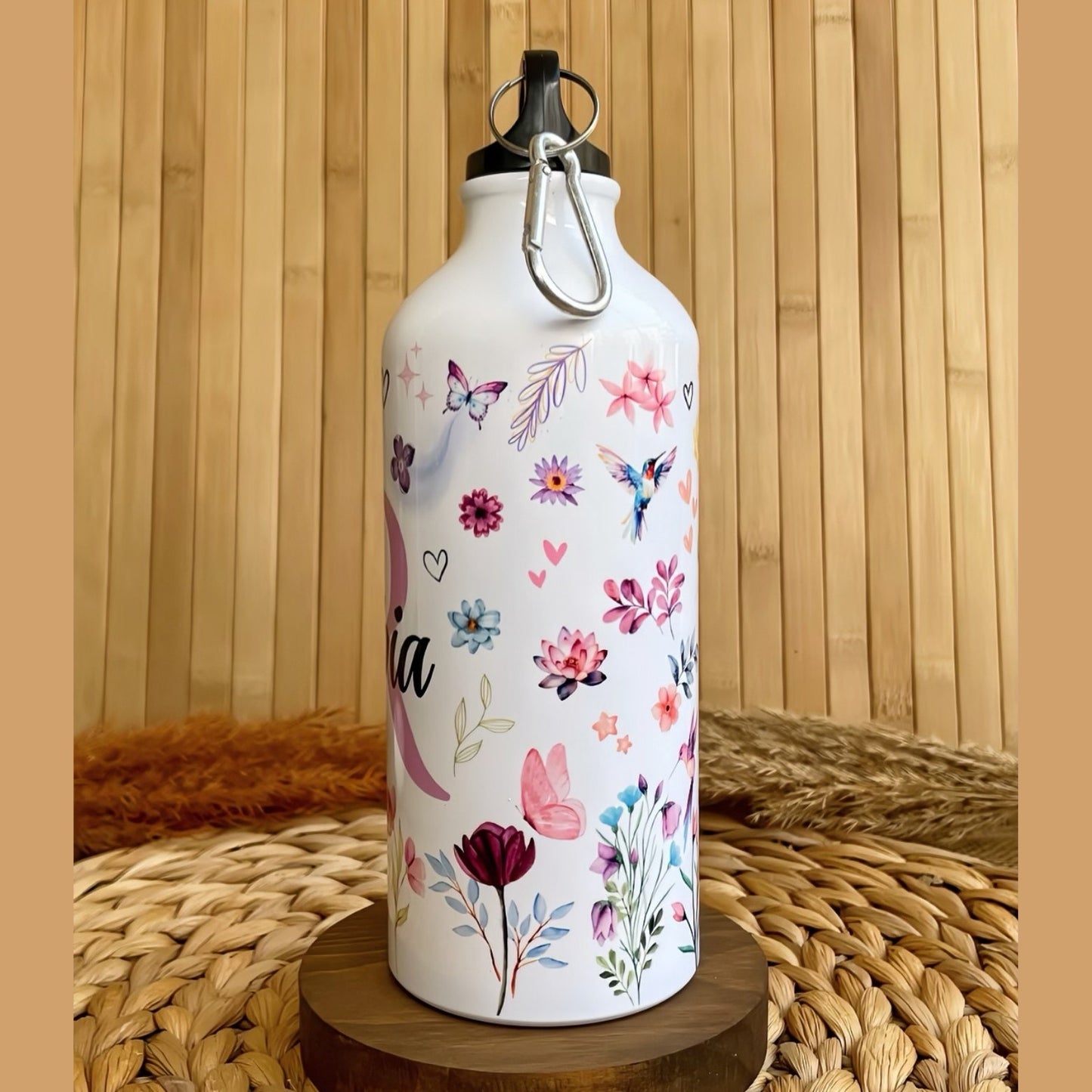 Çiçek Fısıltısı İsme Özel Alüminyum Kancalı Kapaklı Suluk Matara 600 ml