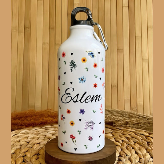 Floral Düşler İsme Özel Alüminyum Kancalı Kapaklı Suluk Matara 600 ml