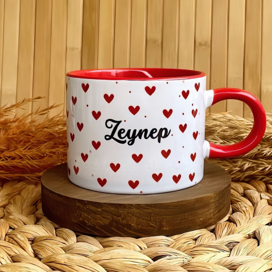 Kırmızı Kalp Temalı Kişiye Özel Elit Kupa