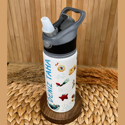 Korsan Deniz Temalı İsme Özel Alüminyum Pipetli Suluk Matara 650 ml