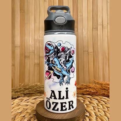 Uzay Astronot Dinozor Temalı İsme Özel Alüminyum Pipetli Suluk Matara 650 ml