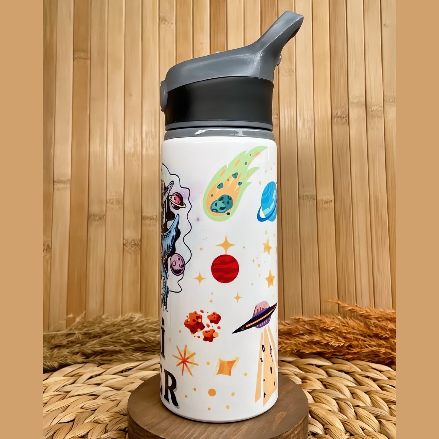 Uzay Astronot Dinozor Temalı İsme Özel Alüminyum Pipetli Suluk Matara 650 ml