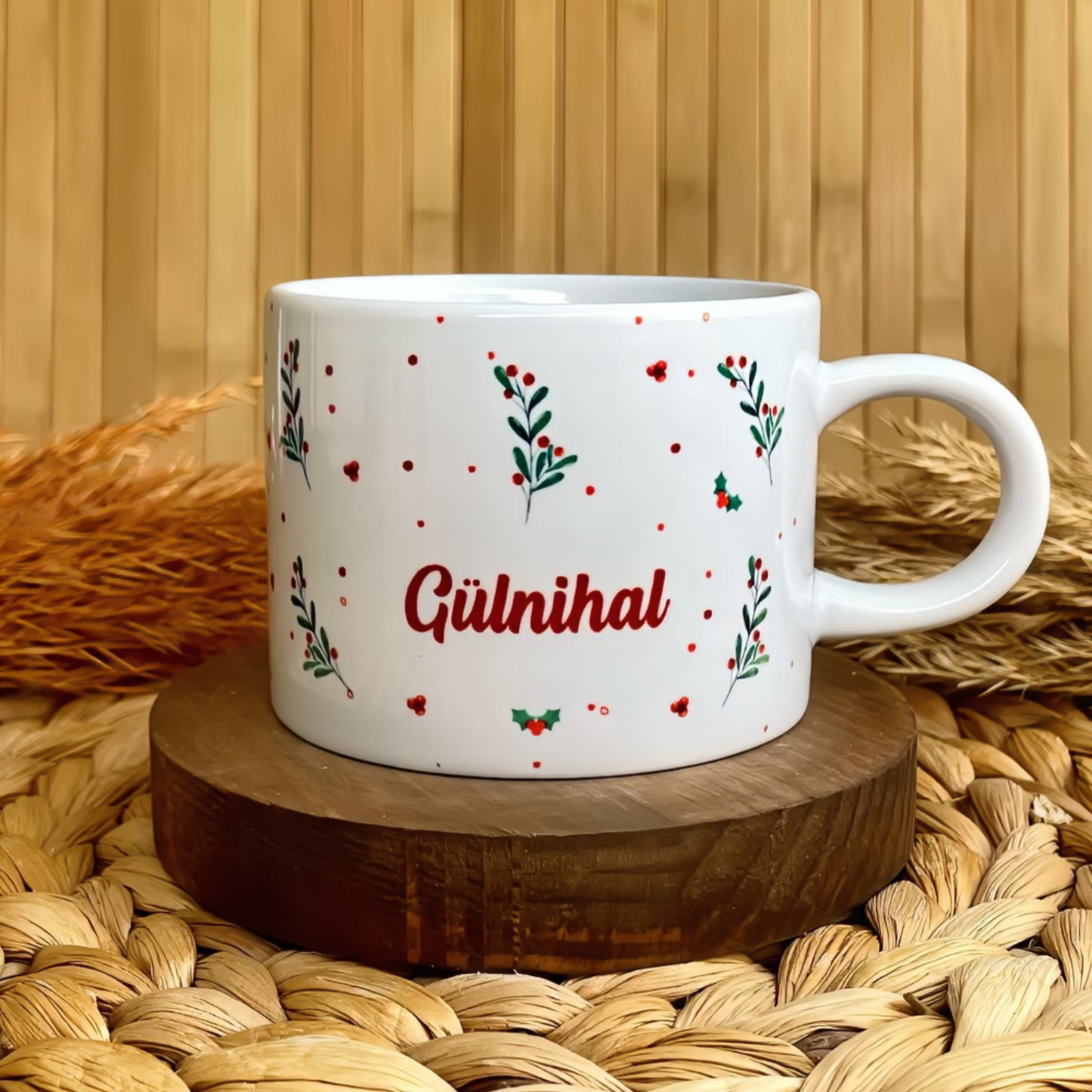 Yılbaşı Kokina Temalı Kişiye Özel İsimli Porselen Elit Kupa - Holly