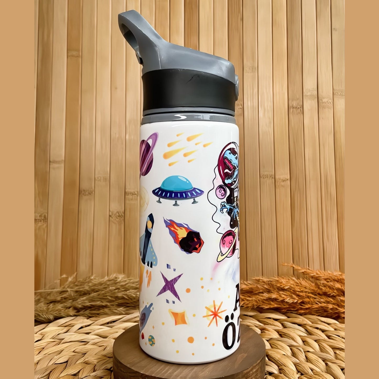 Uzay Astronot Dinozor Temalı İsme Özel Alüminyum Pipetli Suluk Matara 650 ml