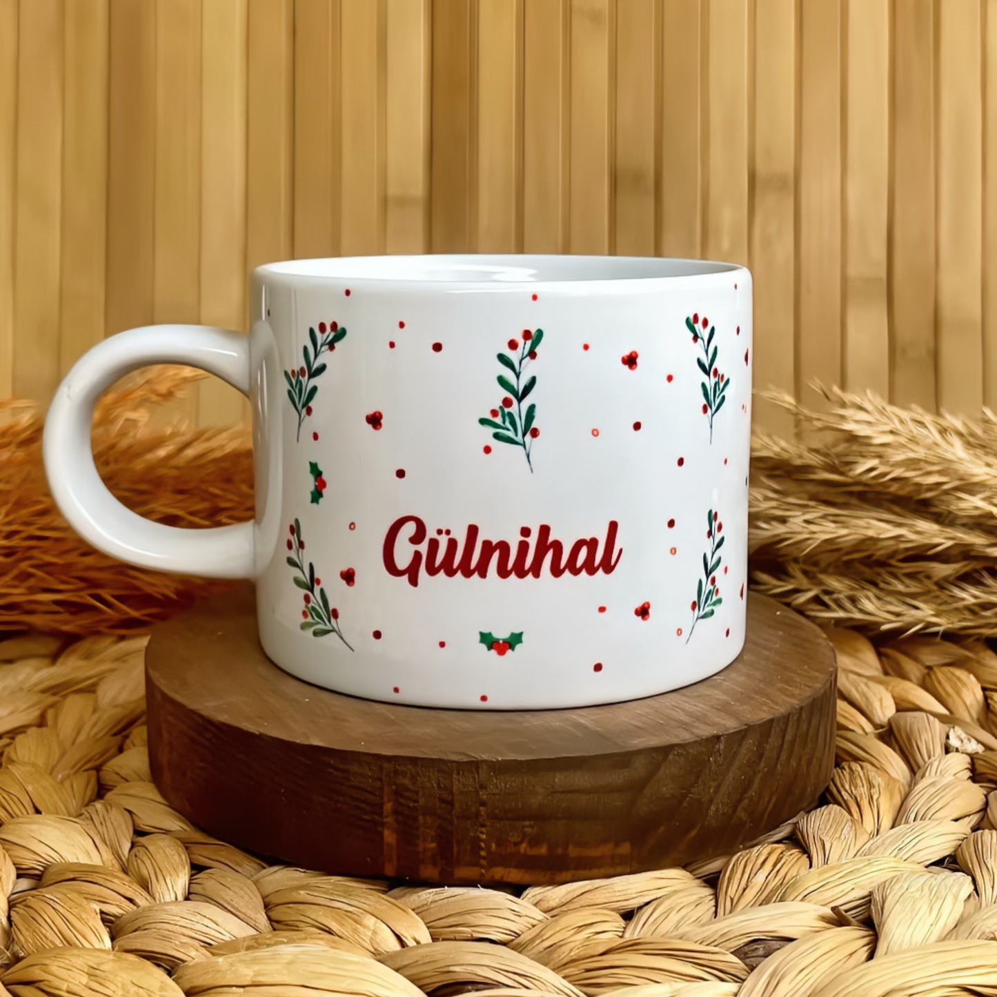 Yılbaşı Kokina Temalı Kişiye Özel İsimli Porselen Elit Kupa - Holly